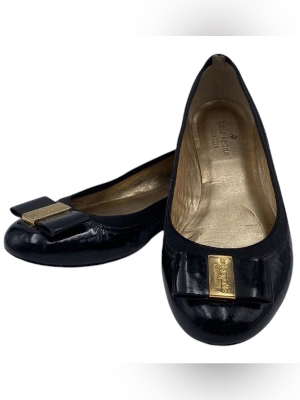 Kate Spade New York TOCK Black Patent Leather Gold Bow Ballet Flats Size 6.5